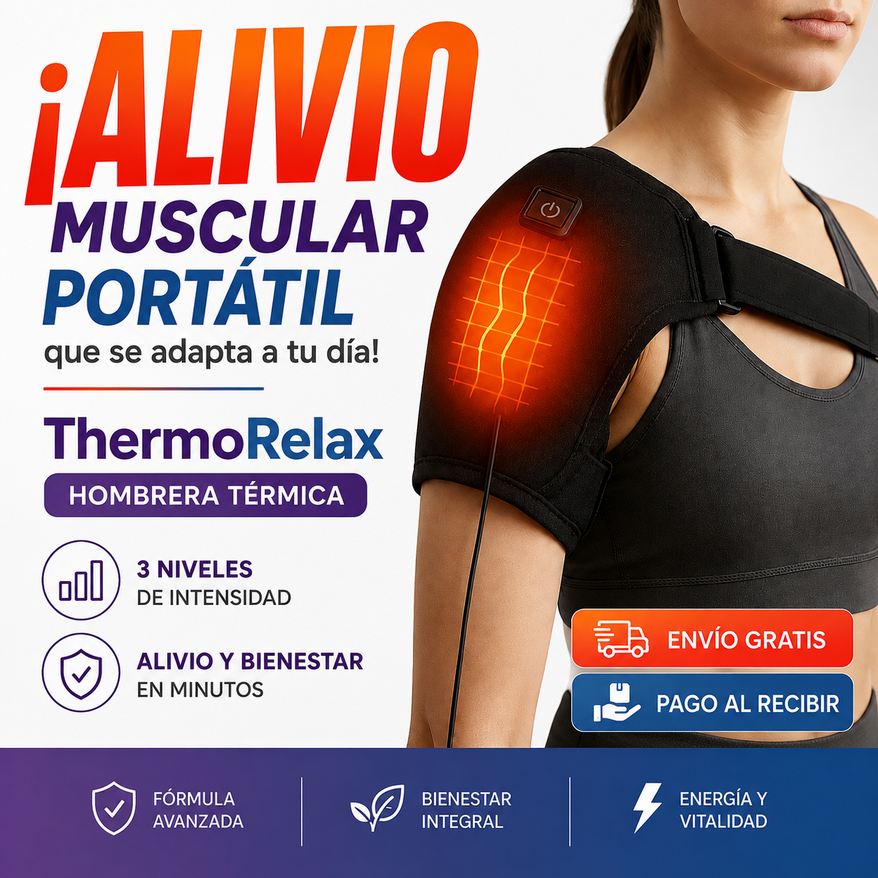 ¡Alivio muscular portátil que se adapta a tu día!  – ThermoRelax Hombrera térmica 3 niveles de intensidad.