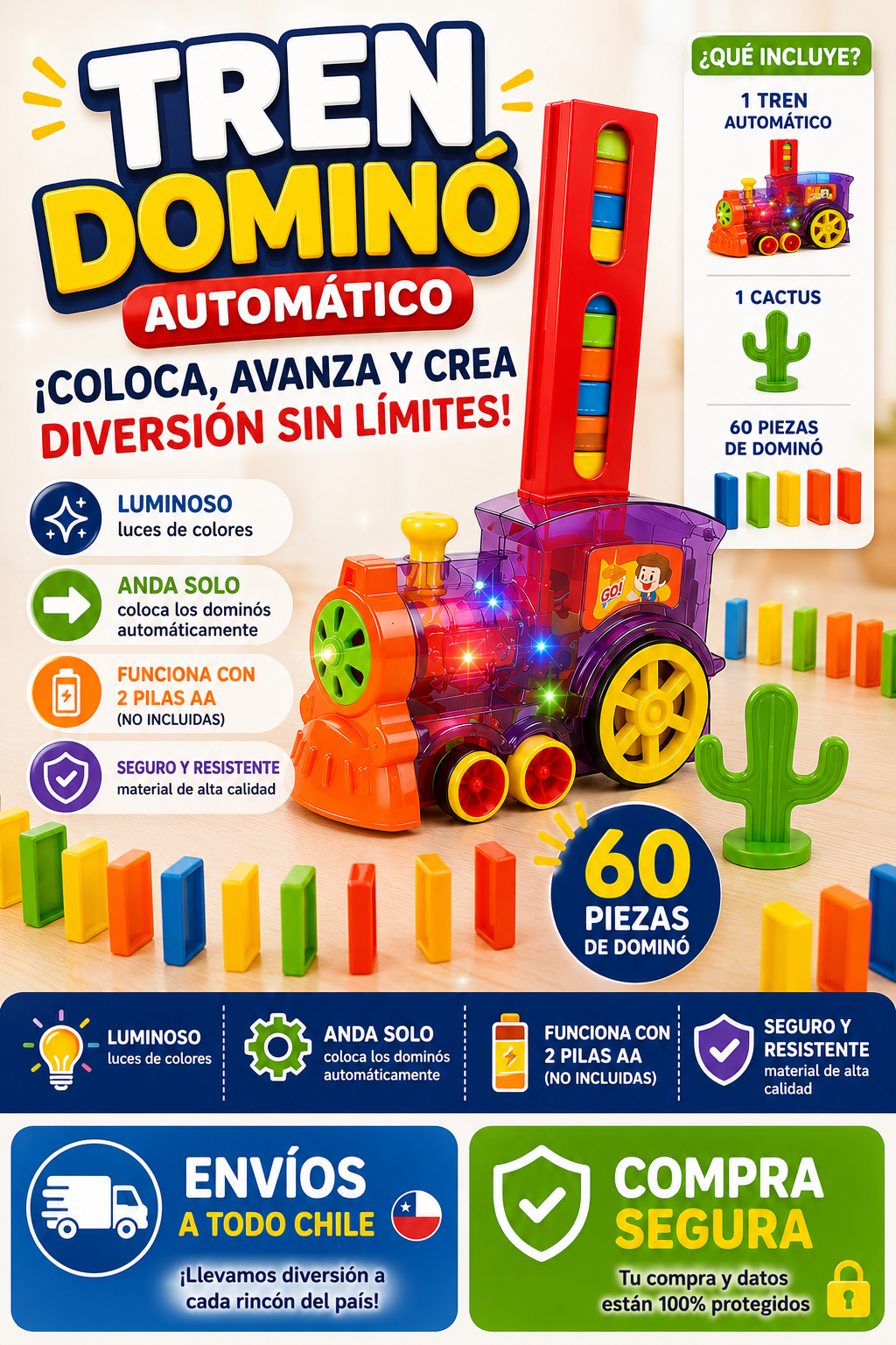 Juguete Tren Domino Luces Sonido 60 Pcs